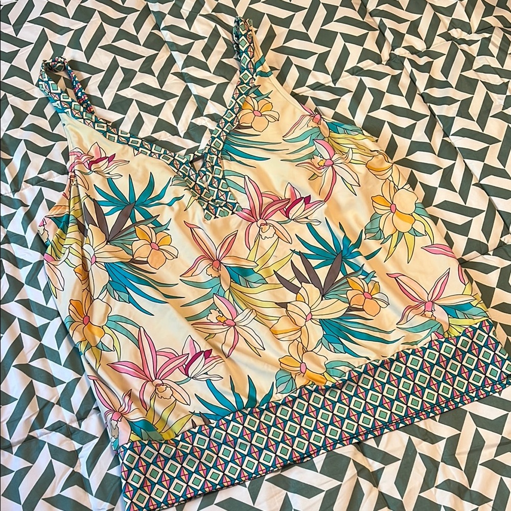 Beach House Floral Cream Bikini Tankini Top with Teal and Pink Accents